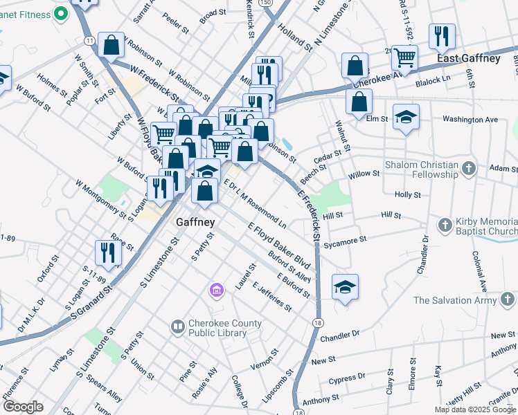 map of restaurants, bars, coffee shops, grocery stores, and more near East Meadow Street in Gaffney