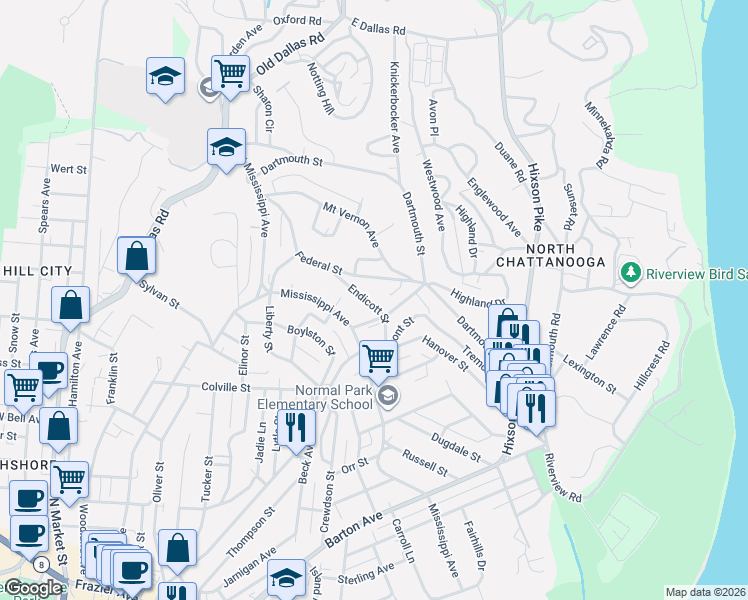 map of restaurants, bars, coffee shops, grocery stores, and more near 923 Endicott Street in Chattanooga