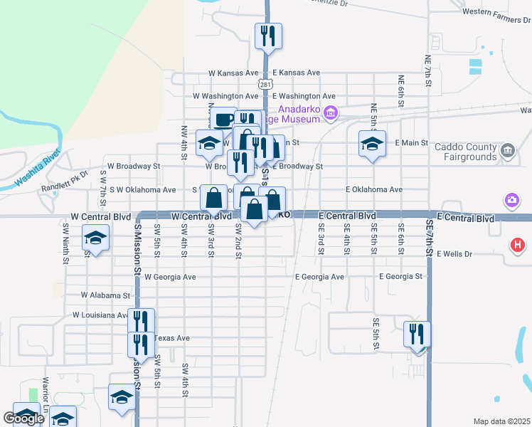 map of restaurants, bars, coffee shops, grocery stores, and more near in Anadarko