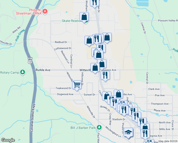 map of restaurants, bars, coffee shops, grocery stores, and more near 105 Witteville Road in Poteau