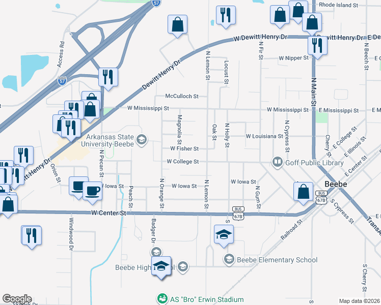 map of restaurants, bars, coffee shops, grocery stores, and more near 705 West Fisher Street in Beebe