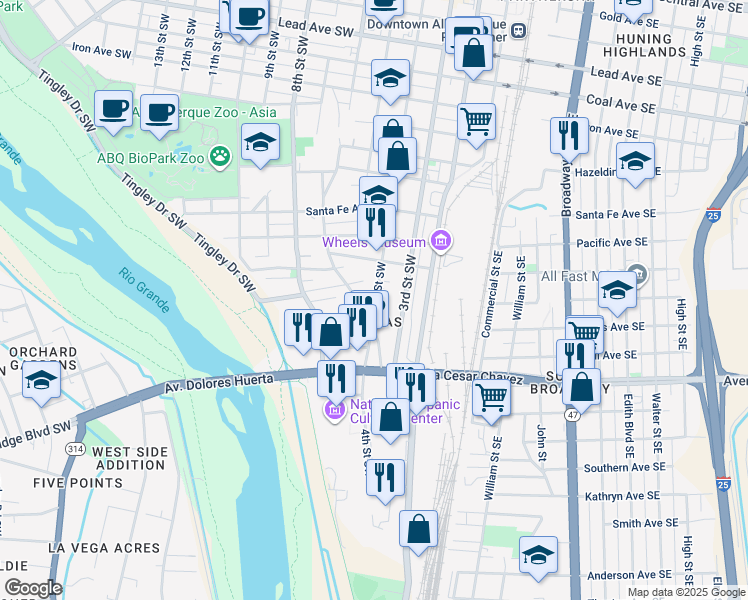 map of restaurants, bars, coffee shops, grocery stores, and more near 1309 4th Street Southwest in Albuquerque