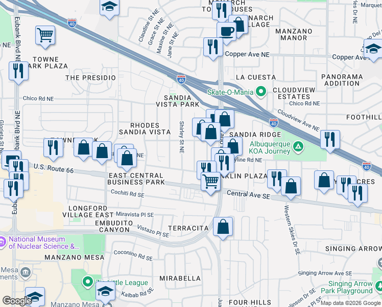 map of restaurants, bars, coffee shops, grocery stores, and more near 248 Shirley Street Southeast in Albuquerque