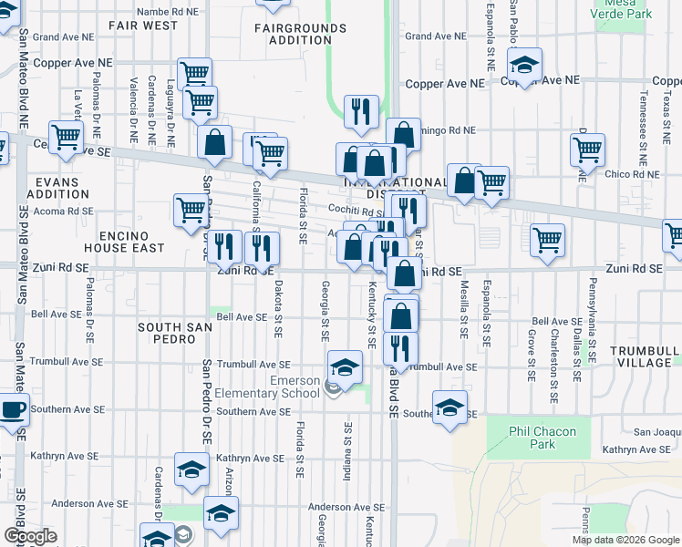map of restaurants, bars, coffee shops, grocery stores, and more near 328 Indiana Street Southeast in Albuquerque