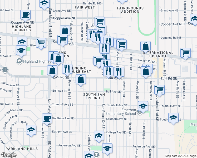 map of restaurants, bars, coffee shops, grocery stores, and more near 505 San Pedro Drive Southeast in Albuquerque