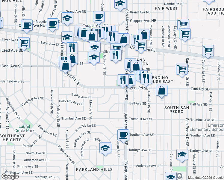 map of restaurants, bars, coffee shops, grocery stores, and more near 5112 Zuni Road Southeast in Albuquerque