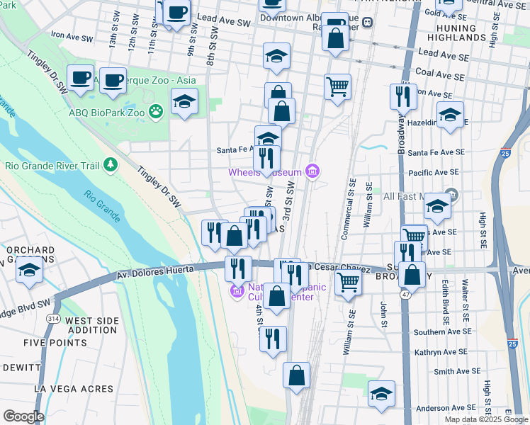 map of restaurants, bars, coffee shops, grocery stores, and more near 1312 Barelas Road Southwest in Albuquerque