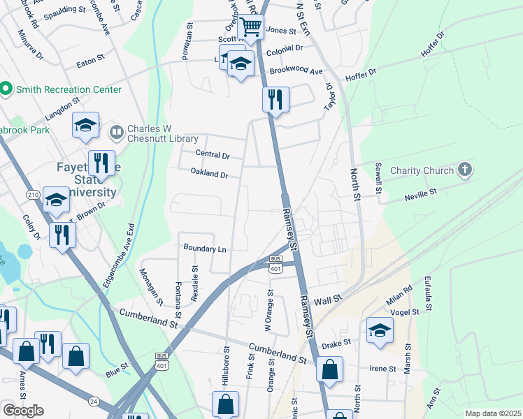 map of restaurants, bars, coffee shops, grocery stores, and more near 1000-1078 Hillsboro Street in Fayetteville