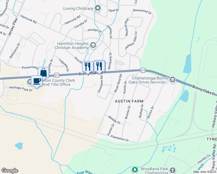 map of restaurants, bars, coffee shops, grocery stores, and more near 7641 Mallette Road in Chattanooga