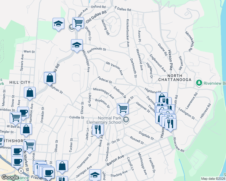 map of restaurants, bars, coffee shops, grocery stores, and more near 913 Endicott Street in Chattanooga