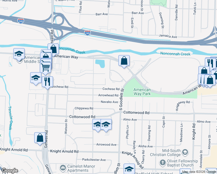 map of restaurants, bars, coffee shops, grocery stores, and more near 4560 Tarry Park in Memphis