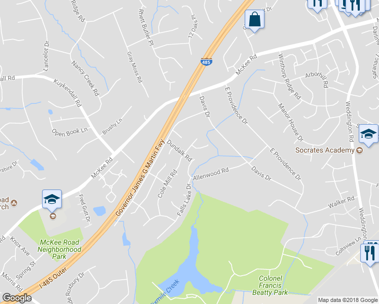 map of restaurants, bars, coffee shops, grocery stores, and more near 3333 Cole Mill Road in Charlotte
