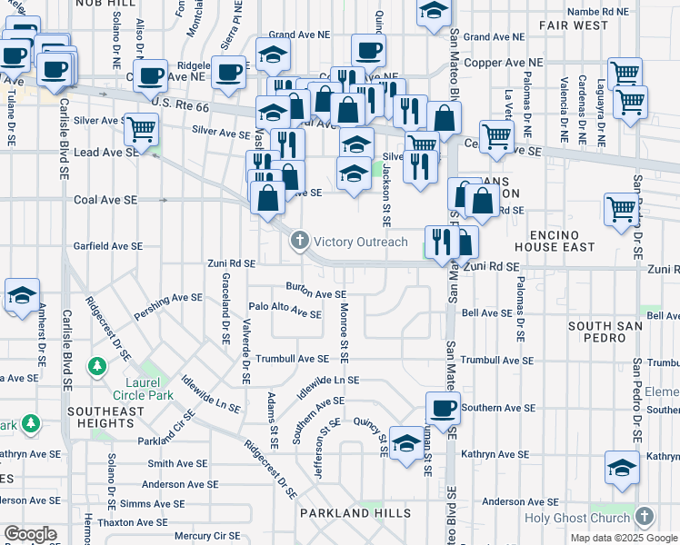 map of restaurants, bars, coffee shops, grocery stores, and more near 507 Monroe Street Southeast in Albuquerque