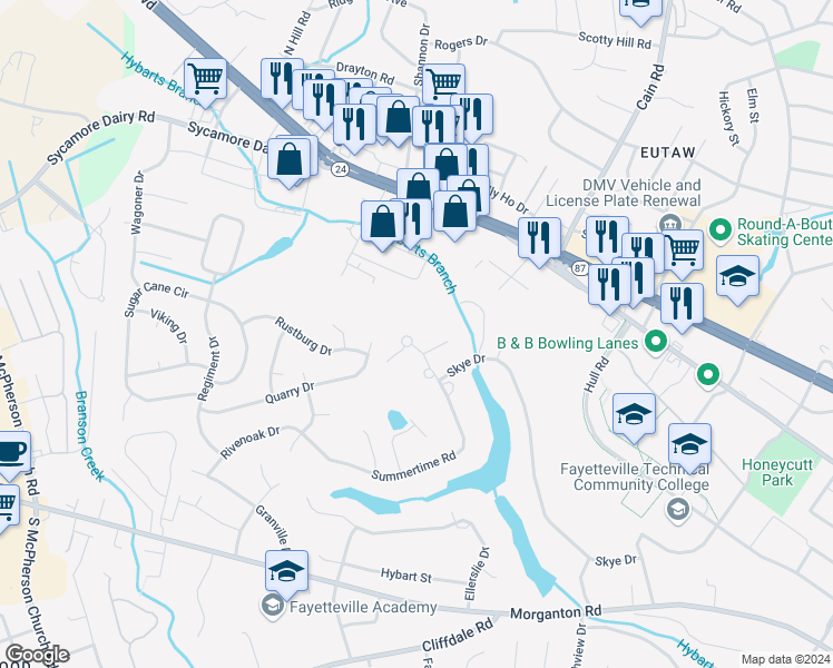 map of restaurants, bars, coffee shops, grocery stores, and more near 500 Windwood on Skye in Fayetteville
