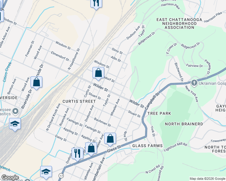 map of restaurants, bars, coffee shops, grocery stores, and more near 3104 Taylor Street in Chattanooga
