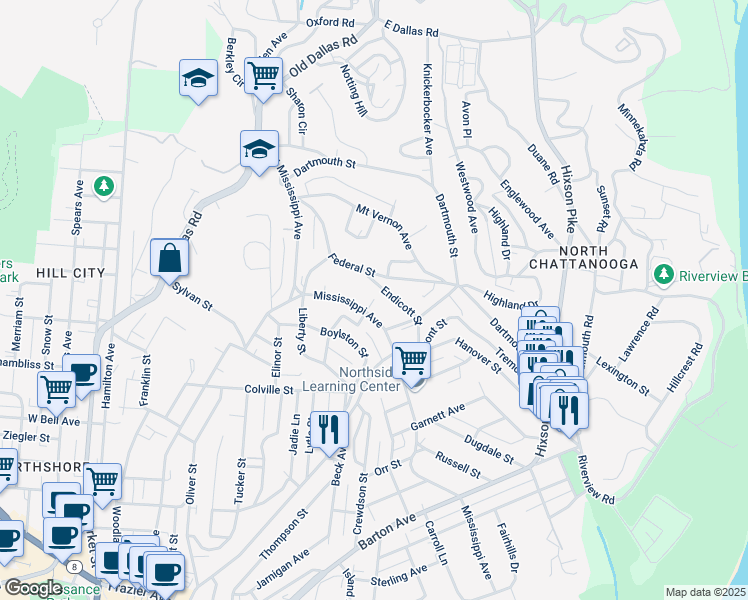 map of restaurants, bars, coffee shops, grocery stores, and more near 1198 Albany Street in Chattanooga