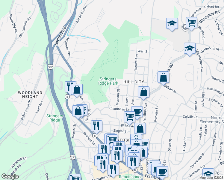 map of restaurants, bars, coffee shops, grocery stores, and more near 813 Merriam Street in Chattanooga
