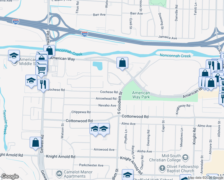 map of restaurants, bars, coffee shops, grocery stores, and more near 2760 Colony Park Drive in Memphis