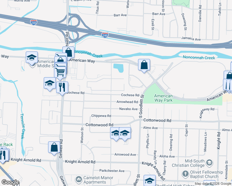 map of restaurants, bars, coffee shops, grocery stores, and more near 4160 Cochese Road in Memphis