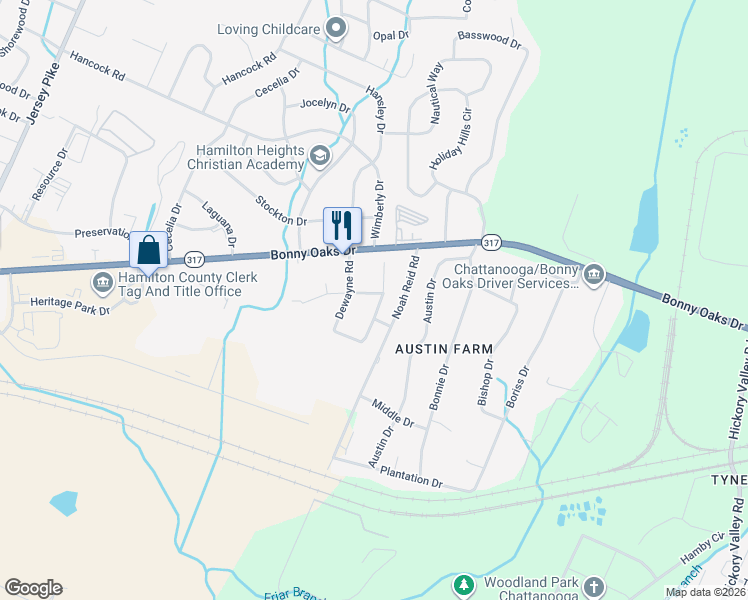 map of restaurants, bars, coffee shops, grocery stores, and more near 7641 Mallette Road in Chattanooga