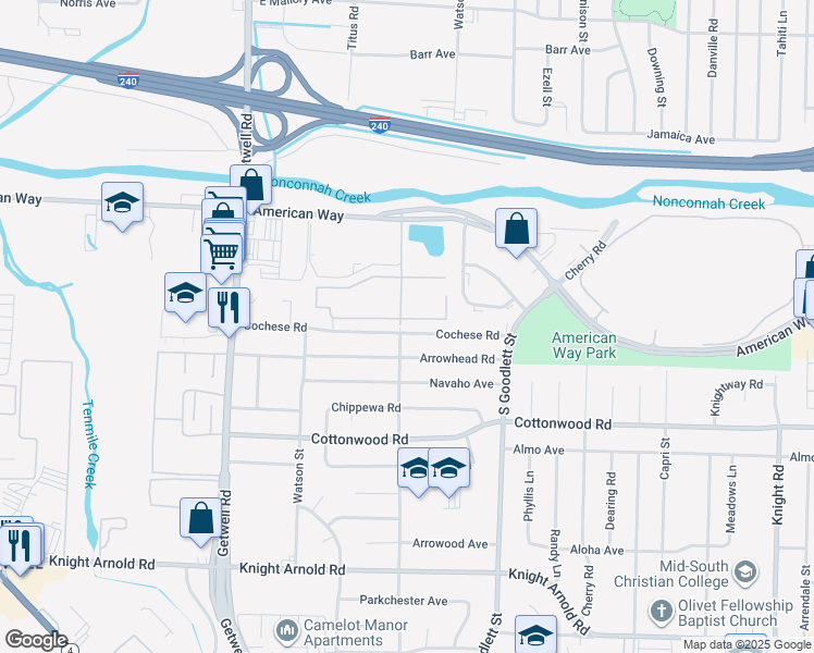 map of restaurants, bars, coffee shops, grocery stores, and more near 4160 Cochese Road in Memphis