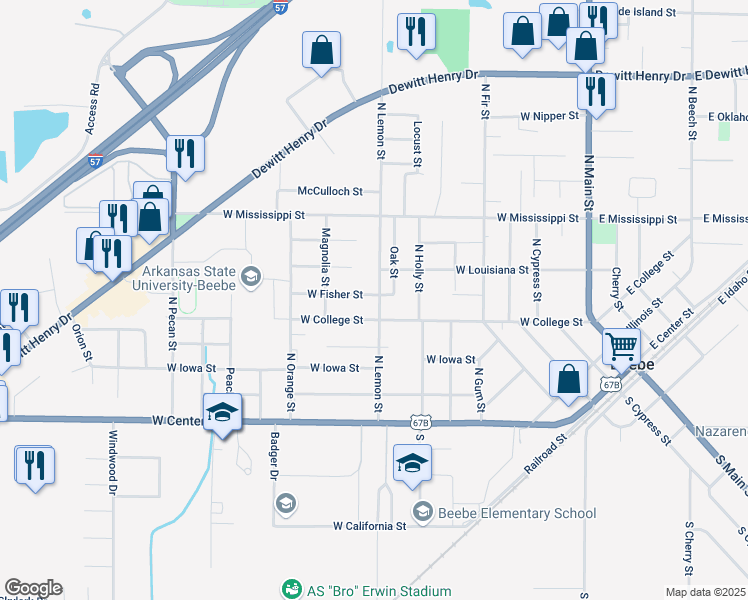 map of restaurants, bars, coffee shops, grocery stores, and more near 705 West Fisher Street in Beebe