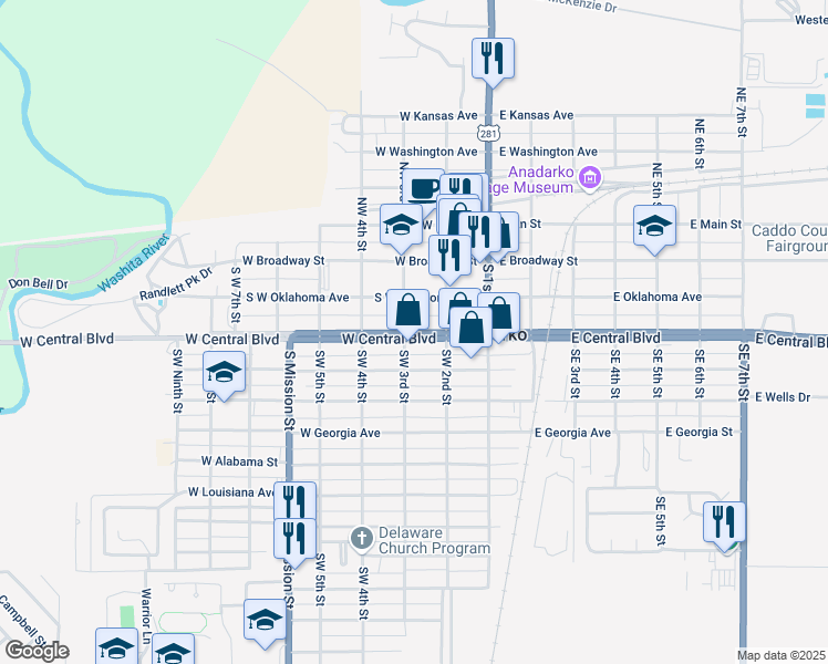 map of restaurants, bars, coffee shops, grocery stores, and more near 281 Highway 9 in Anadarko