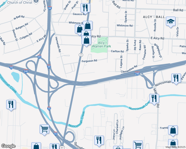 map of restaurants, bars, coffee shops, grocery stores, and more near 1353 Clementine Road in Memphis