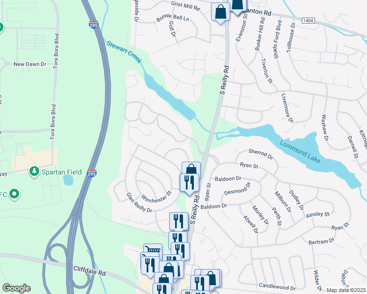 map of restaurants, bars, coffee shops, grocery stores, and more near 1002 Brookhollow Drive in Fayetteville