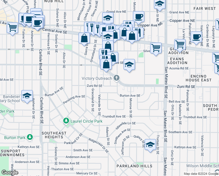 map of restaurants, bars, coffee shops, grocery stores, and more near 4516 Zuni Road Southeast in Albuquerque