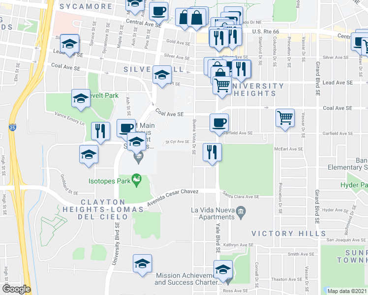 map of restaurants, bars, coffee shops, grocery stores, and more near 901 Buena Vista Drive Southeast in Albuquerque