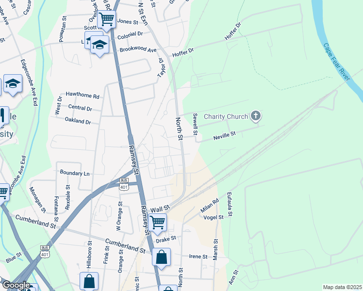 map of restaurants, bars, coffee shops, grocery stores, and more near North Street in Fayetteville