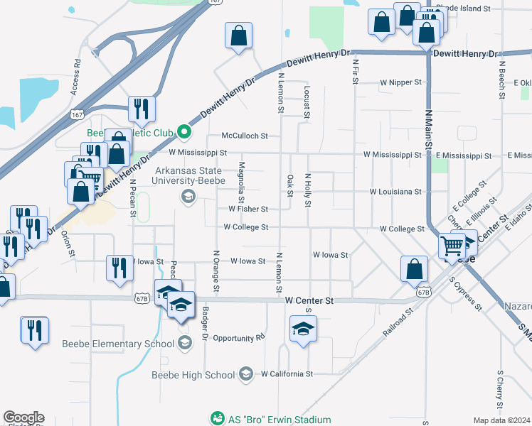 map of restaurants, bars, coffee shops, grocery stores, and more near 705 West Fisher Street in Beebe