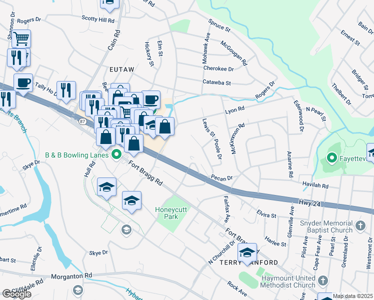 map of restaurants, bars, coffee shops, grocery stores, and more near 2412 Barrington Circle in Fayetteville