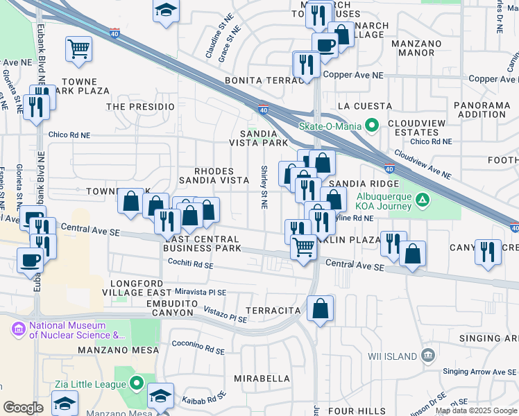 map of restaurants, bars, coffee shops, grocery stores, and more near 248 Shirley Street Southeast in Albuquerque