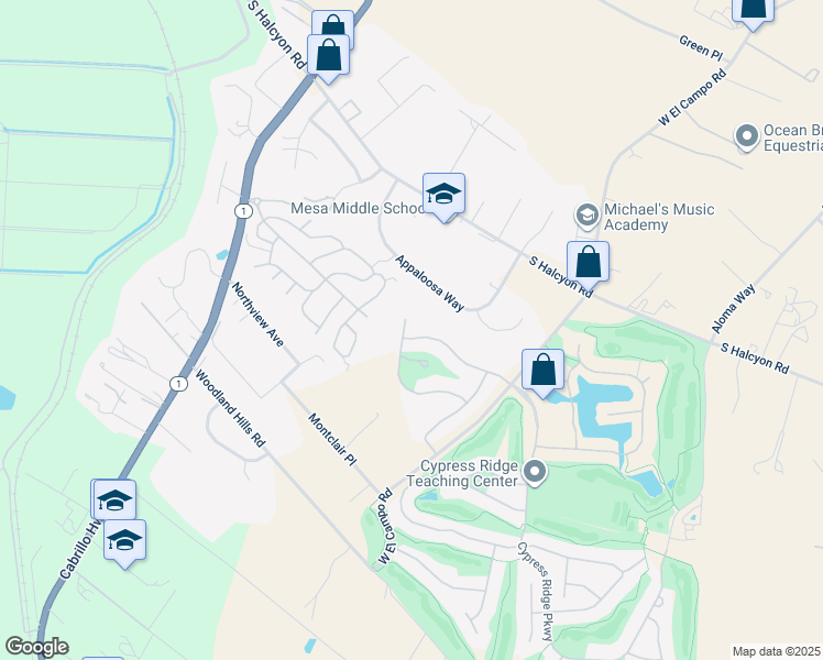 map of restaurants, bars, coffee shops, grocery stores, and more near 2610 Bayside Place in Arroyo Grande