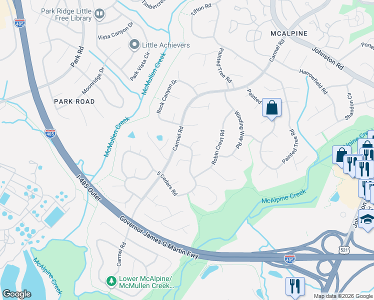 map of restaurants, bars, coffee shops, grocery stores, and more near 11112 5 Cedars Road in Charlotte