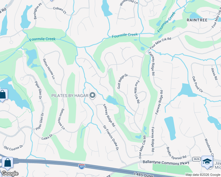 map of restaurants, bars, coffee shops, grocery stores, and more near 10425 William Penn Lane in Charlotte