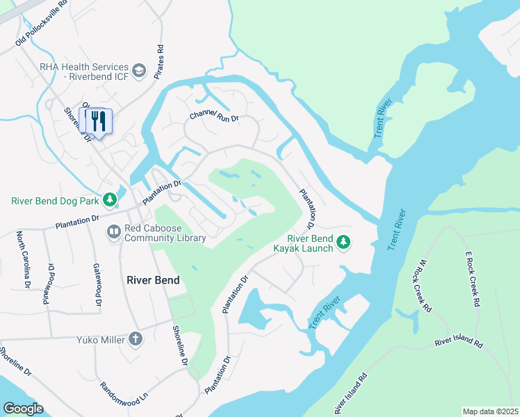 map of restaurants, bars, coffee shops, grocery stores, and more near 118 Quarterdeck Townhouses in New Bern