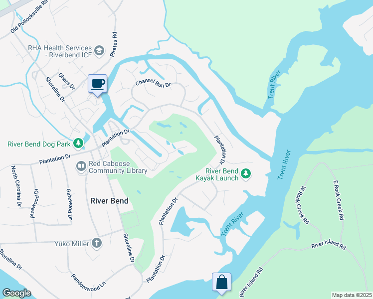 map of restaurants, bars, coffee shops, grocery stores, and more near 118 Quarterdeck Townhouses in New Bern