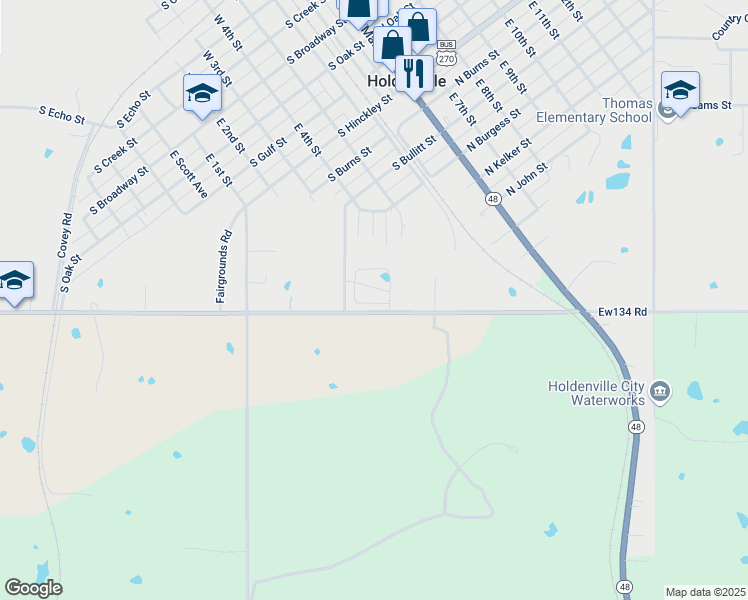 map of restaurants, bars, coffee shops, grocery stores, and more near 104 River Oaks in Holdenville