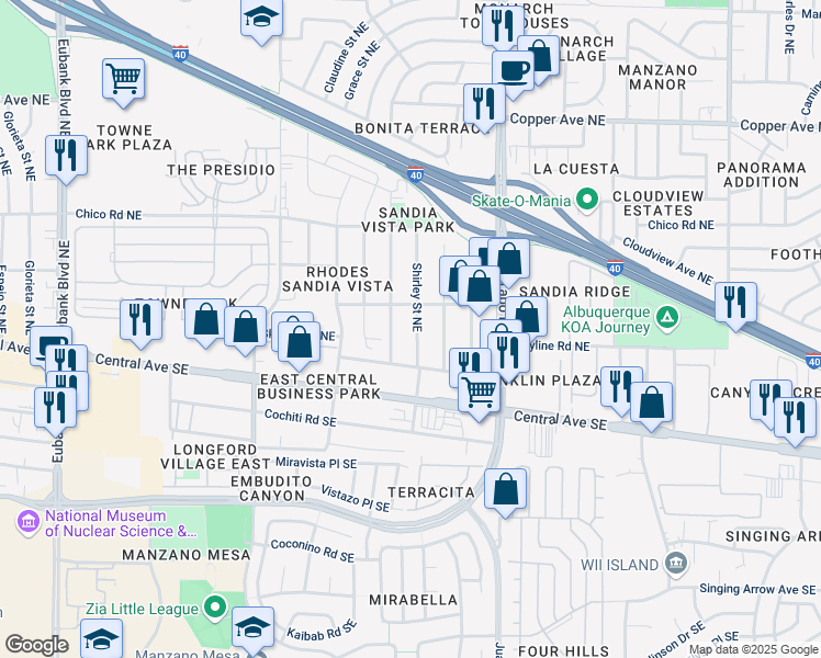 map of restaurants, bars, coffee shops, grocery stores, and more near 248 Shirley Street Southeast in Albuquerque