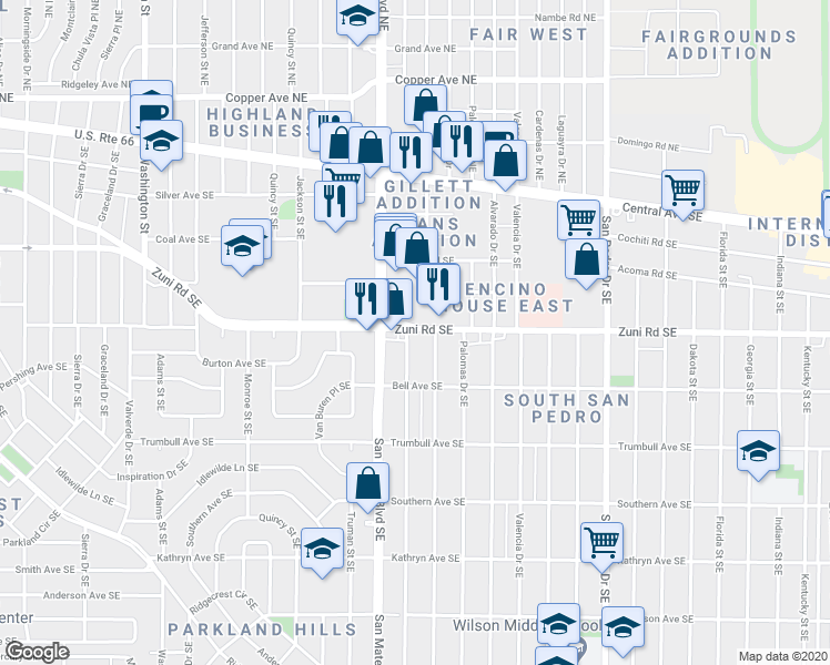 map of restaurants, bars, coffee shops, grocery stores, and more near 600 San Mateo Boulevard Southeast in Albuquerque