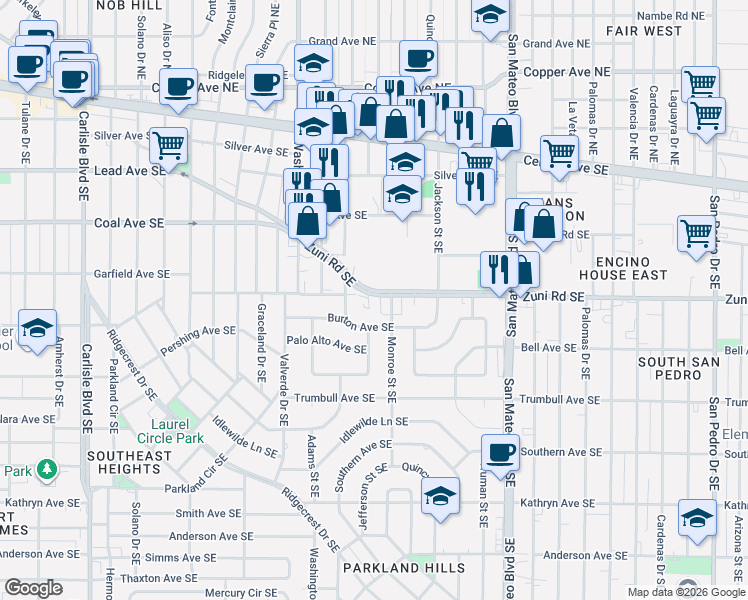 map of restaurants, bars, coffee shops, grocery stores, and more near 507 Monroe Street Southeast in Albuquerque
