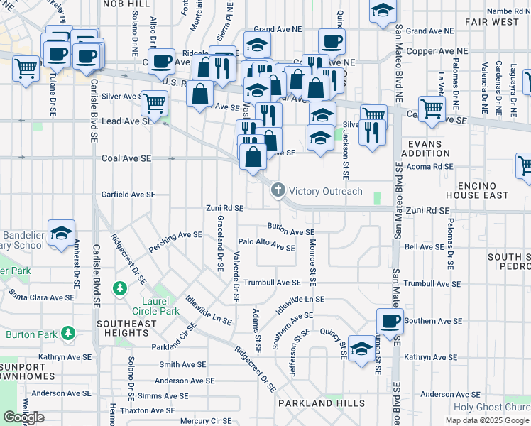map of restaurants, bars, coffee shops, grocery stores, and more near 4514 Zuni Road Southeast in Albuquerque