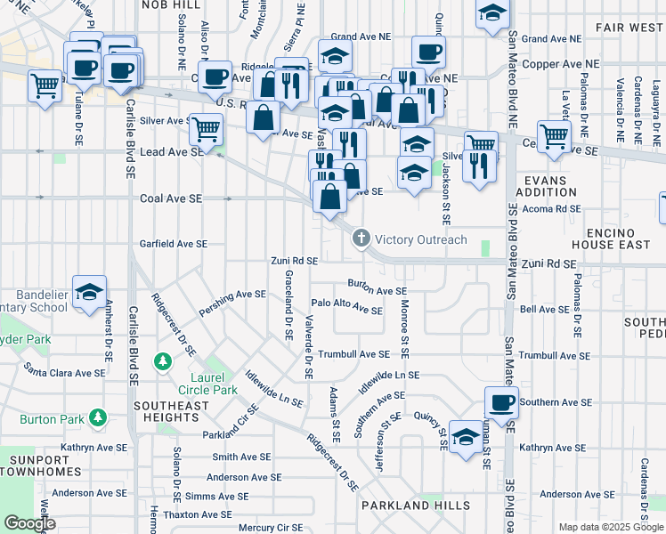 map of restaurants, bars, coffee shops, grocery stores, and more near 4514 Zuni Road Southeast in Albuquerque