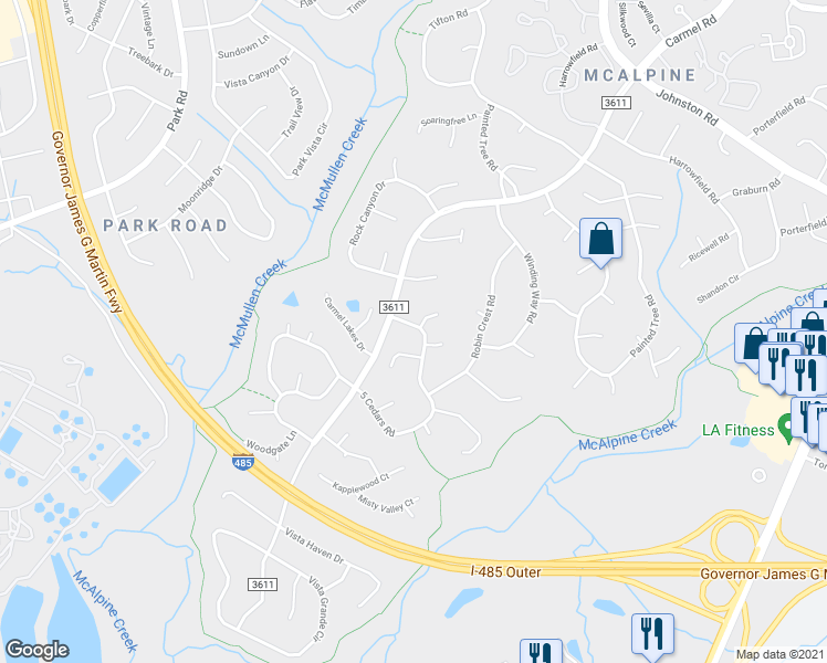 map of restaurants, bars, coffee shops, grocery stores, and more near 11112 5 Cedars Road in Charlotte