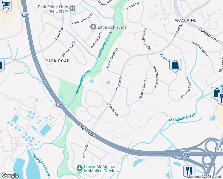 map of restaurants, bars, coffee shops, grocery stores, and more near 7921 Carmel Oaks Court in Charlotte