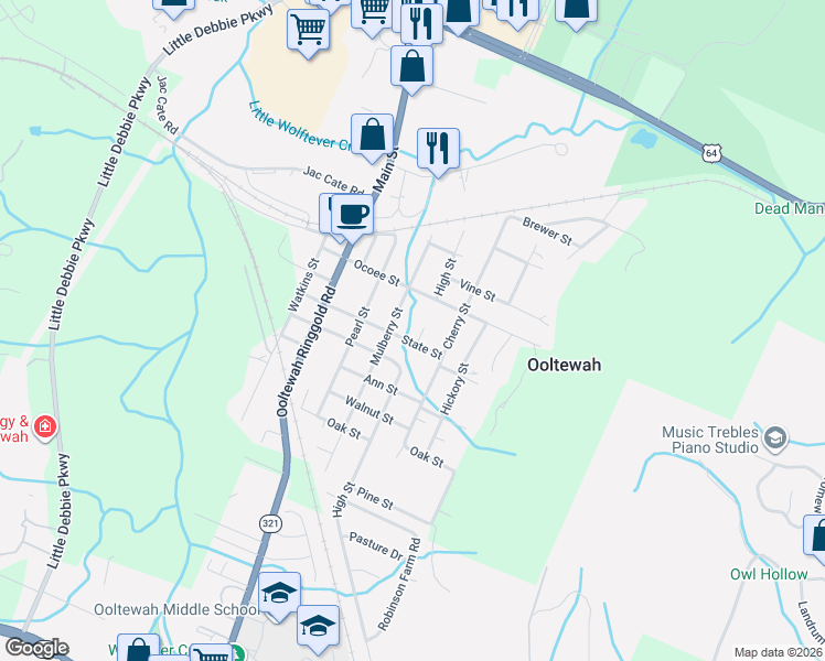 map of restaurants, bars, coffee shops, grocery stores, and more near 5624 High Street in Ooltewah
