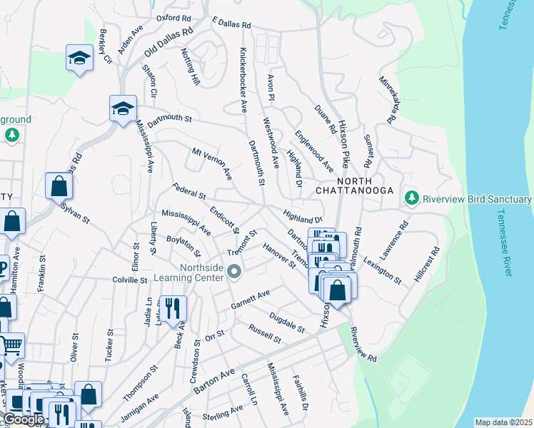 map of restaurants, bars, coffee shops, grocery stores, and more near 1102 Dartmouth Street in Chattanooga